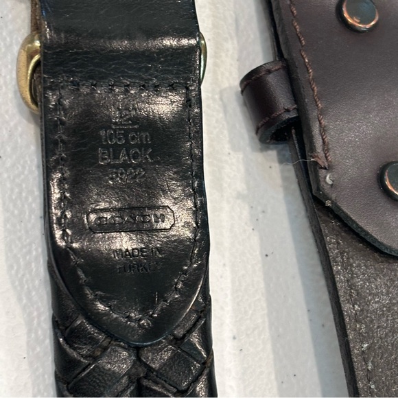 2 Leather Mens Belts Coach Braided Black 5922 Brown Sz 42 Gold Tone Brass - Picture 7 of 11
